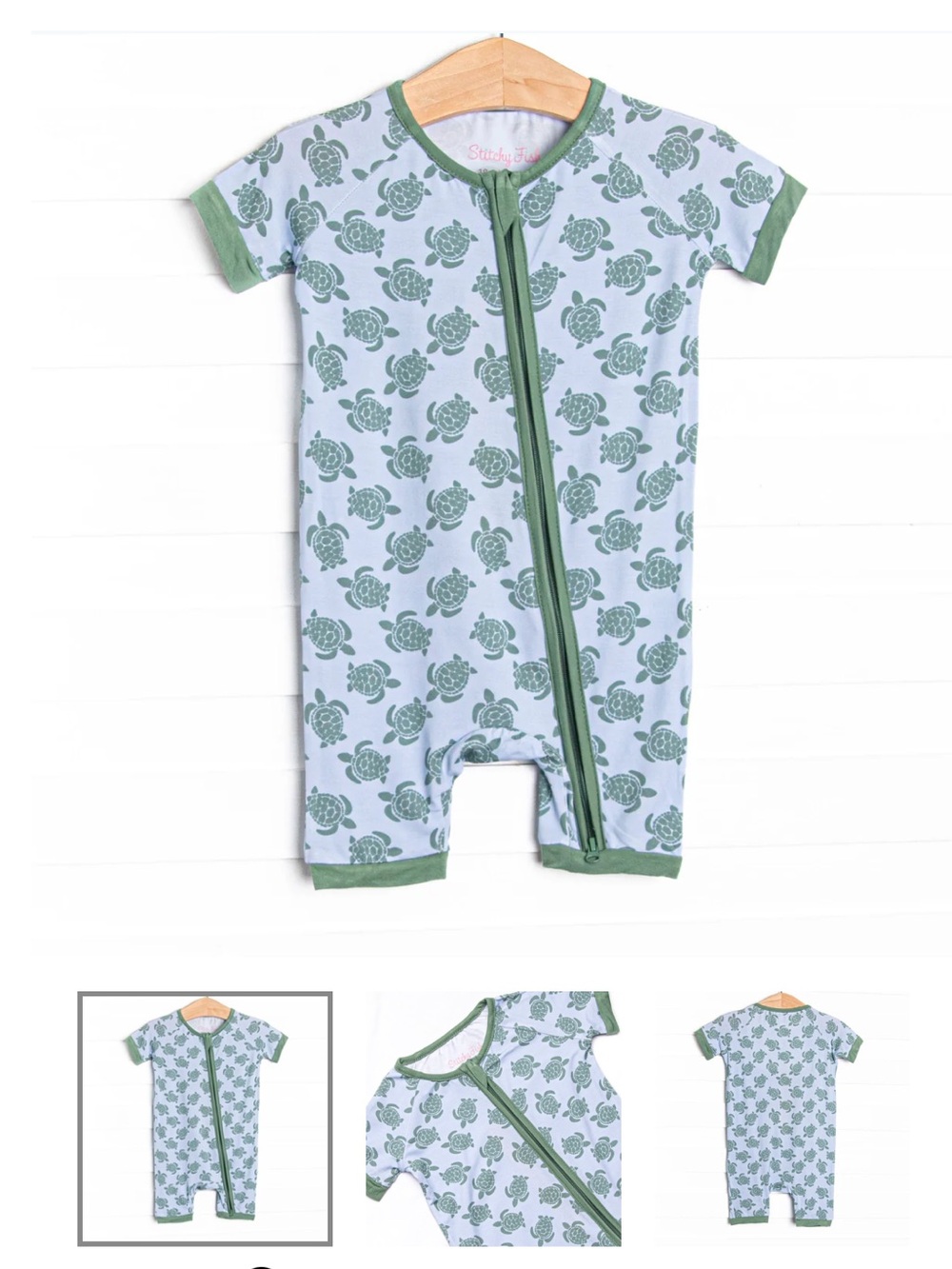 Stitchy Fish Bamboo Green Turtle Print Short-Sleeve Baby Romper Pajamas